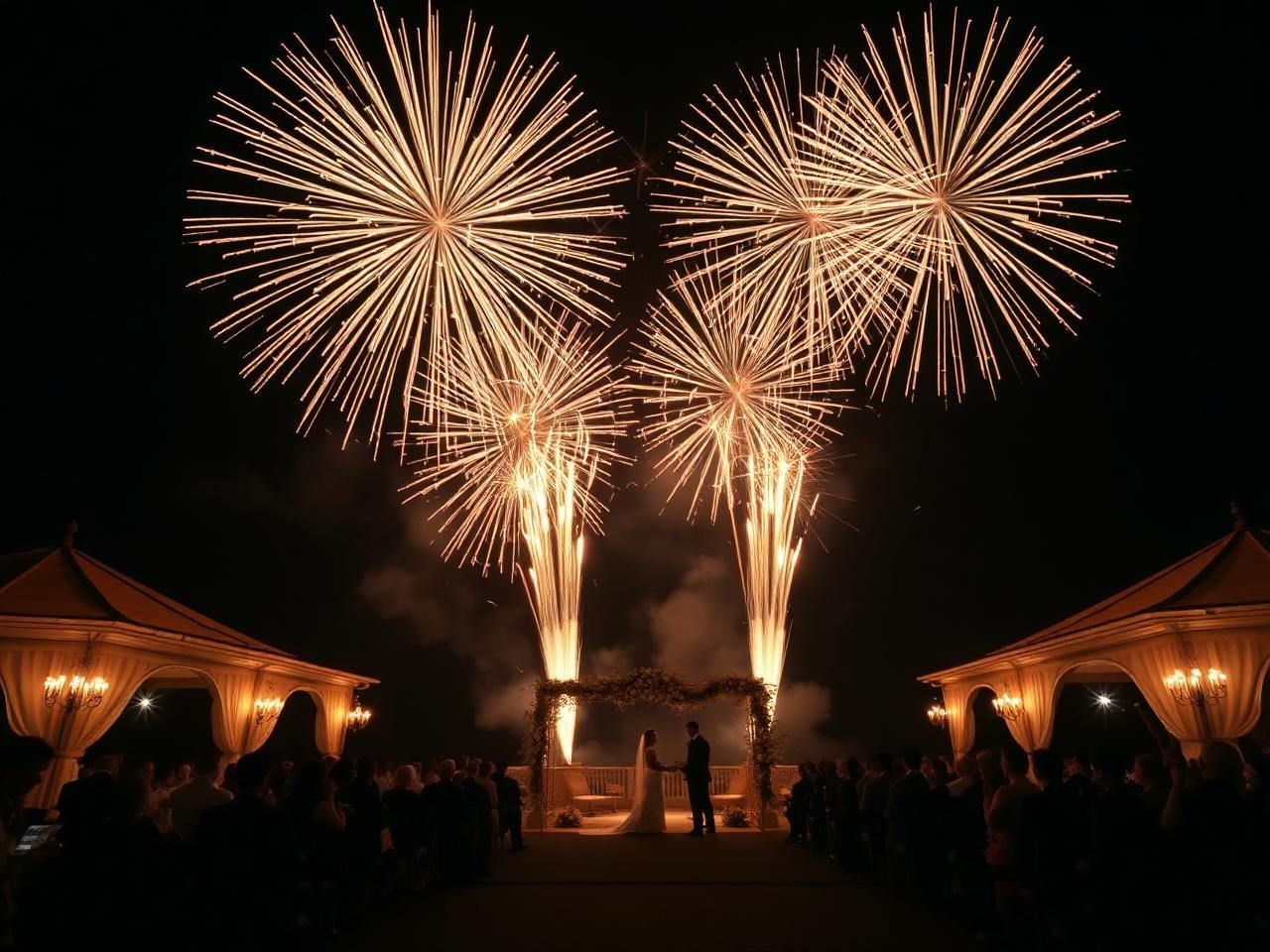 Fireworks above an outdoor wedding venue