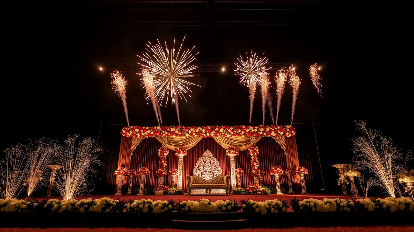 Luxury wedding stage with cold spark fountains